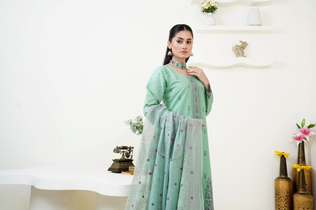 Model in traditional Eastern dress captured in Lahore, showcasing intricate textile design.